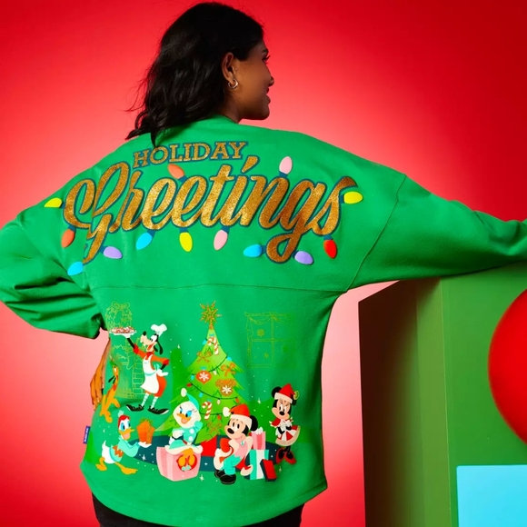Disney Tops - NWT Disney Christmas holiday greetings green gold glitter spirit jersey